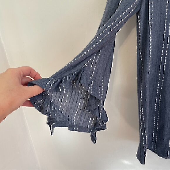 W5 ANTHROPOLOGIE Mariana Blouse Dot Stripe Blue White Ruffle 3/4 Sleeve Boho Top - Picture 9 of 12